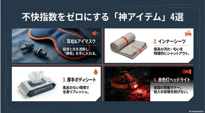 耳栓、アイマスク、インナーシーツ、厚手ボディシート、赤色灯ヘッドライトの実物写真と効果をまとめたスライド。