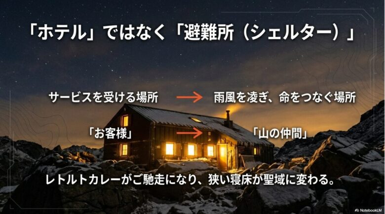山小屋をホテルではなく「命をつなぐ避難所」として捉え、自らを「山の仲間」と認識することで体験が変わることを説明するスライド。