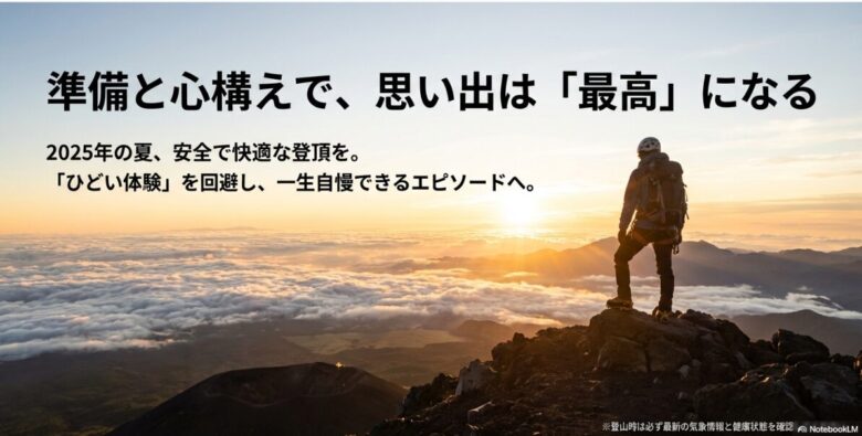 準備と心構えで最高の思い出にしようというメッセージと、最新の気象情報確認を促す注意書きが含まれたエンディングスライド。