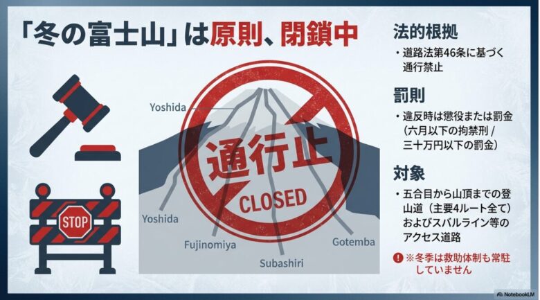 富士山のイラストに大きな「通行止」のマーク。道路法第46条に基づく法的根拠や、30万円以下の罰金などの罰則、主要4ルートが閉鎖対象であることが明記された図解。