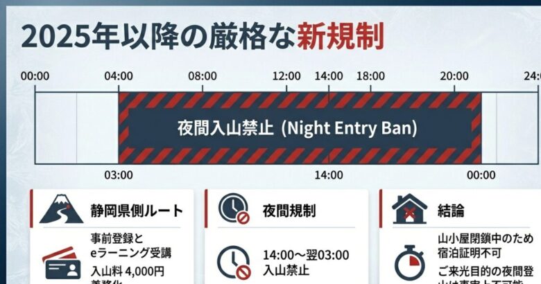 14時から翌3時までの夜間入山禁止を示す時計の図解と、静岡県側ルートの事前登録、eラーニング、入山料4,000円義務化を説明するスライド