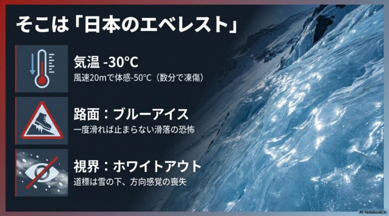 滑落注意と視界不良のアイコン。気温マイナス30度、風速20mによる体感マイナス50度の極寒、ブルーアイス、ホワイトアウトの危険性を伝えるスライド