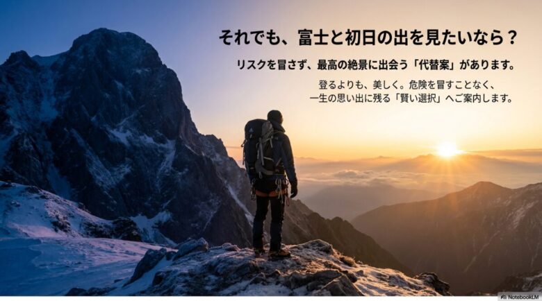 「登るよりも、美しく。危険を冒すことなく一生の思い出に残る『賢い選択』へ」というメッセージが書かれた案内スライド