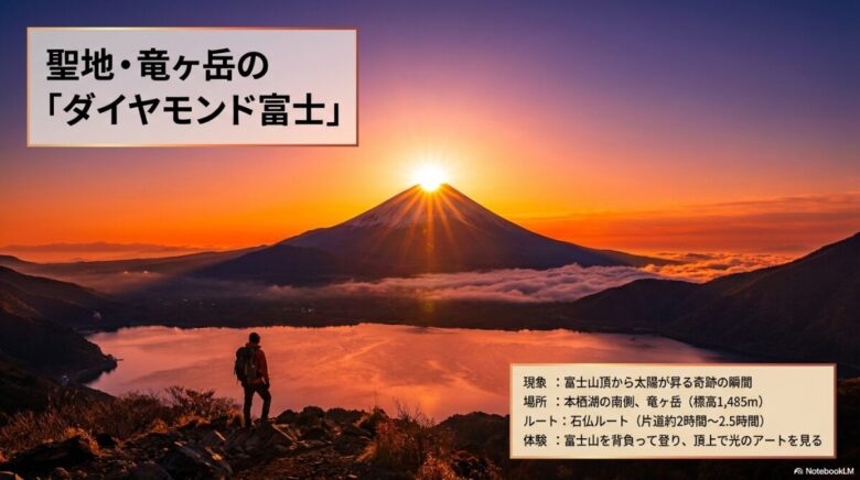 富士山頂から太陽が昇るダイヤモンド富士の説明。竜ヶ岳の標高、石仏ルートの所要時間、体験の内容がまとめられたスライド