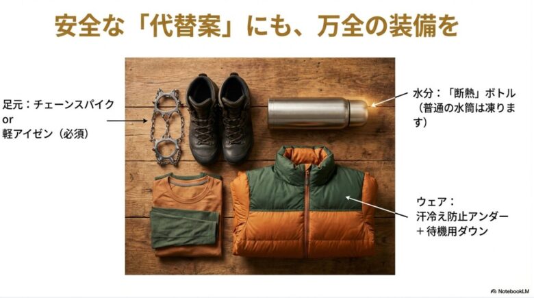登山靴、チェーンスパイク、断熱ボトル、レイヤリングウェアの実物写真に、「普通の水筒は凍ります」「汗冷え防止アンダー必須」などの注釈が添えられた装備ガイド画像。