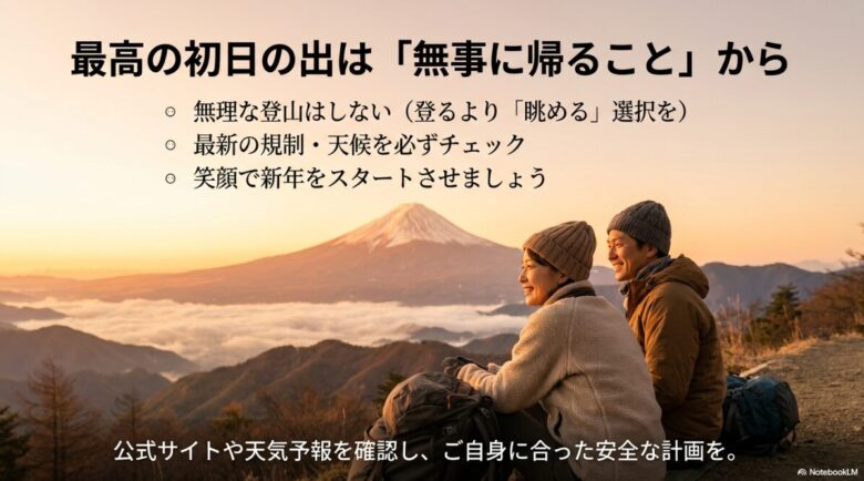 「無理な登山はしない」「最新の規制・天候をチェック」「笑顔で新年をスタート」という3つのポイントがまとめられたエンディングスライド