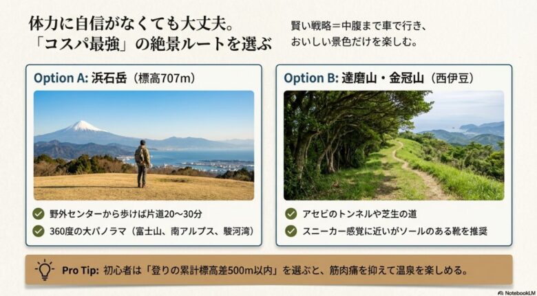 浜石岳や達磨山など、体力に自信がなくても車で中腹までアクセスして絶景を楽しめるルートの紹介スライド
