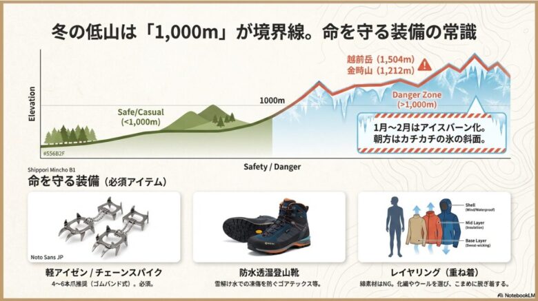 標高1,000mを境にした安全圏と危険ゾーンの図解、およびアイゼンやレイヤリングなどの必須装備リスト