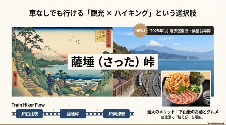 2025年1月の遊歩道復旧ニュースと、JR由比駅から興津駅へ抜けるハイカーの流れ、桜えびグルメの紹介スライド