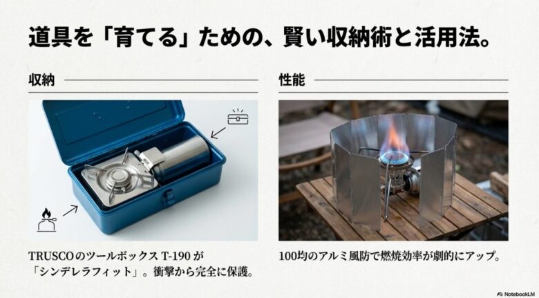 テーブルトップバーナーの周囲にアルミ製のウィンドスクリーンを設置し、風を防ぎながら安定して燃焼させている様子とTRUSCOのツールボックス「T-190」の中に、US-DII本体とガス缶が隙間なく完璧に収まっている（シンデレラフィット）様子