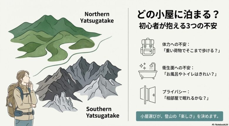 体力、衛生面、プライバシーという、初心者が抱える3つの不安要素（重い荷物での歩行、お風呂やトイレの清潔さ、相部屋の不安）をまとめたスライド画像