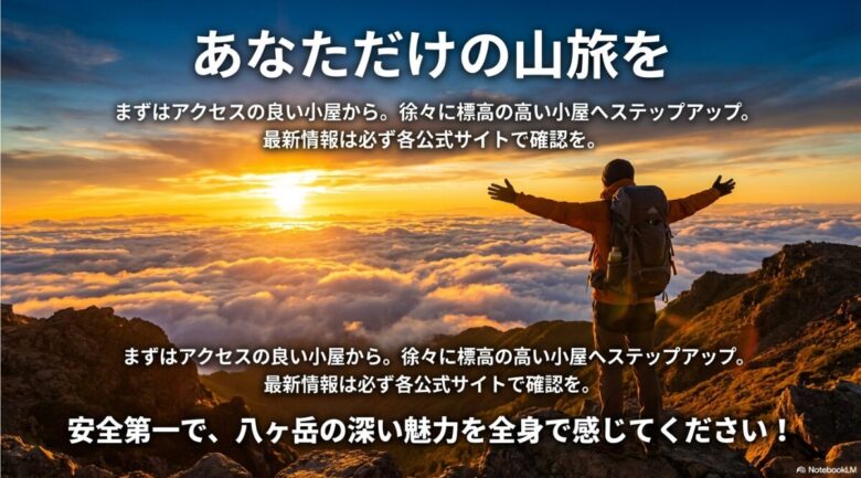 「あなただけの山旅を」というメッセージと、初心者からのステップアップを促し、安全第一を呼びかけるエンディングスライド画像