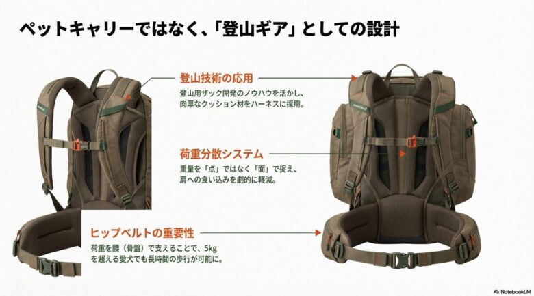 登山用ザックのノウハウを活かした肉厚なクッションハーネスとヒップベルト。重量を面で捉え肩への負担を軽減する構造