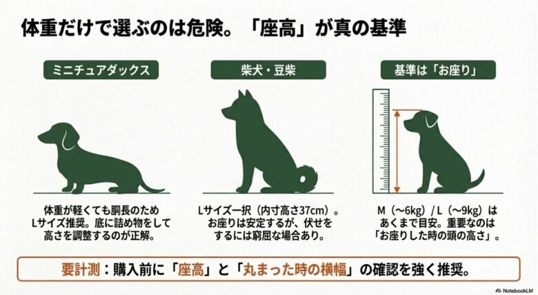 ミニチュアダックスや柴犬のサイズ選び基準。体重だけでなくお座りした時の頭の高さ（座高）を計測することを推奨