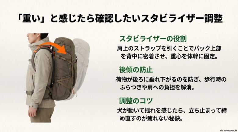 肩上のストラップを引いてパックを背中に密着させ、後傾を防ぐスタビライザーの調整。歩行時のふらつきを解消。