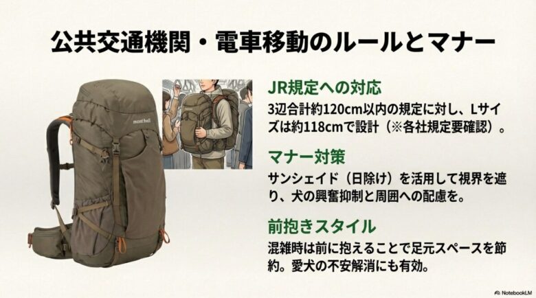 JRの規定（3辺合計120cm以内）に対応したLサイズの設計。サンシェイドや前抱きスタイルによるマナー対策