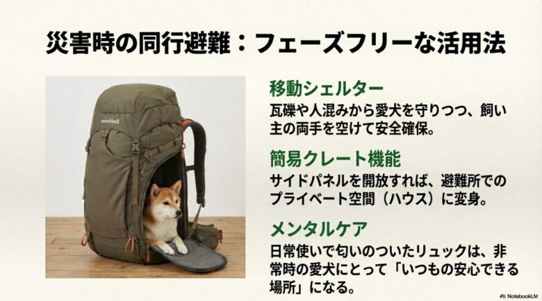 災害時に愛犬を守る移動シェルター機能と、サイドパネルを開放して避難所でハウス（クレート）として使う方法。