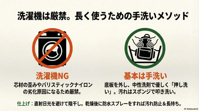 洗濯機使用禁止のアイコンと、底板を外して中性洗剤で押し洗い、陰干し、仕上げの防水スプレーまでの手順