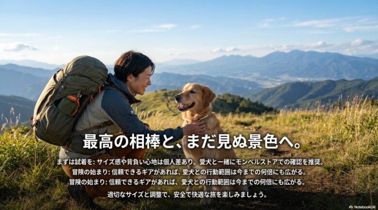 モンベルストアでの試着とサイズ確認を推奨するメッセージ。適切なギアで愛犬との行動範囲を広げる提案。