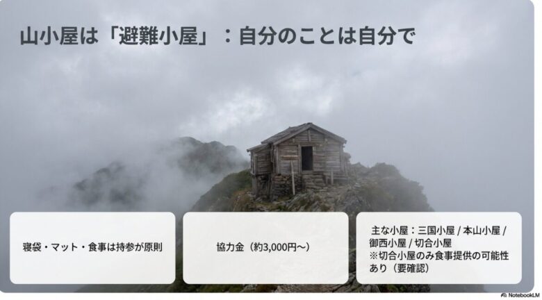 「山小屋は避難小屋」であり、寝袋・マット・食事は持参が原則であること、協力金（約3,000円〜）が必要であることを説明するスライド