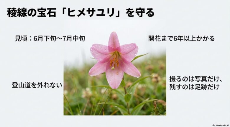 美しいピンク色のヒメサユリの写真。見頃は6月下旬〜7月中旬で、開花まで6年以上かかるため登山道を外れないなどのマナーが記されている