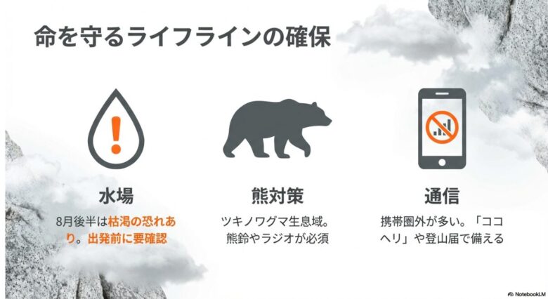 水場の枯渇注意、ツキノワグマ対策（熊鈴・ラジオ）、通信環境（携帯圏外対策としてのココヘリや登山届）の3点に備えるためのアイコン付きスライド