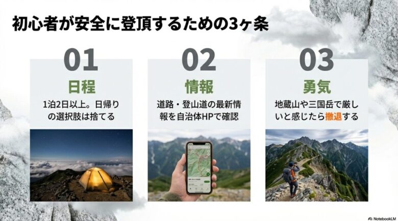 1泊2日以上の「日程」、最新の「情報」確認、厳しいと感じたら撤退する「勇気」の3点をまとめたスライド