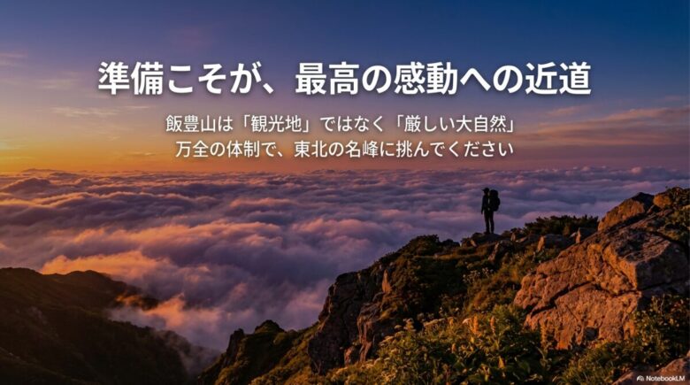 「準備こそが、最高の感動への近道」「飯豊山は厳しい大自然」というメッセージが添えられた、締めくくりのスライド。