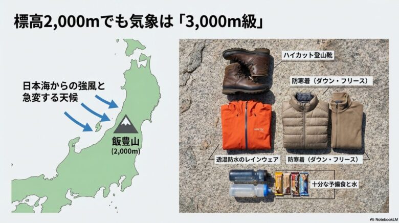 ハイカット登山靴、ダウン・フリース、透湿防水レインウェア、予備食と水の写真。標高2,000mでも気象は3,000m級であるとの注意書きがある