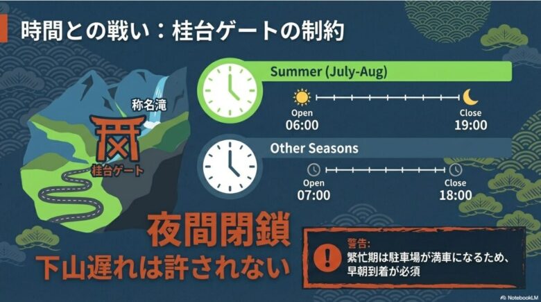 夏期（6:00〜19:00）とそれ以外の季節（7:00〜18:00）の桂台ゲート開門・閉門時間スケジュール