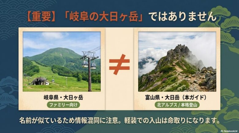 ファミリー向けの岐阜大日ヶ岳と、本格登山・北アルプスの富山大日岳の名前混同に対する警告