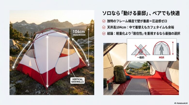 エリクサー2の内部構造図。一般的なテントとMSRの垂直な壁による居住空間の違いの比較