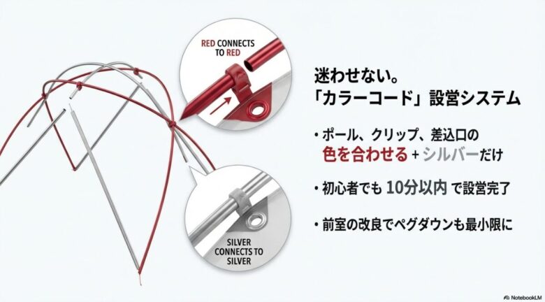 ポールと本体の色を合わせて設営するMSR独自のカラーコード設営手順の解説図