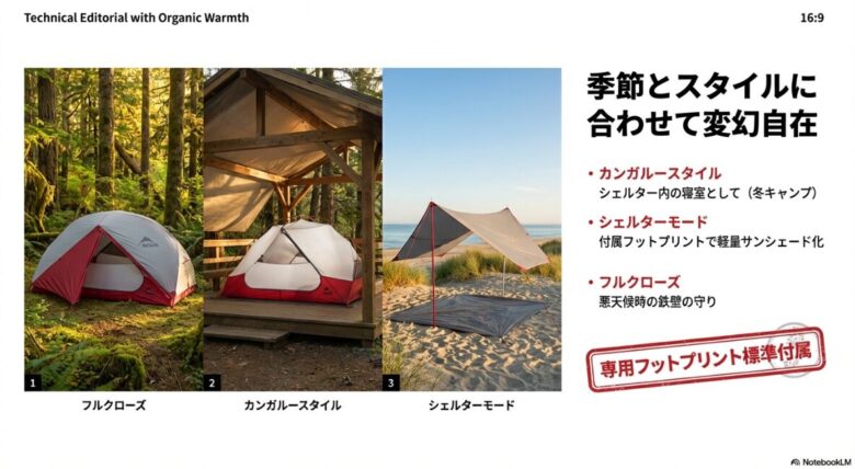 エリクサー2のフルクローズ、カンガルースタイル、シェルターモードの3つの設営バリエーションの比較画像