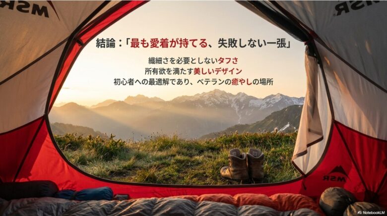 MSRロゴと共に「初心者への最適解でありベテランの癒やしの場所」と記載された結びのスライド