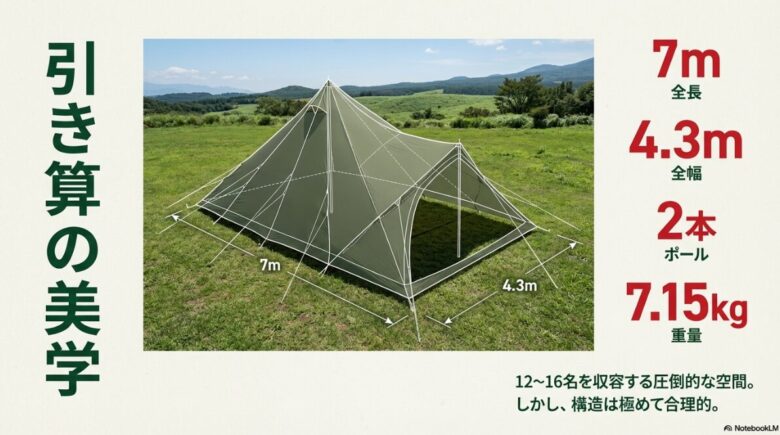 全長7m、全幅4.3mのサイズ図解と、重量7.15kg、収容人数12-16名のスペック紹介。
