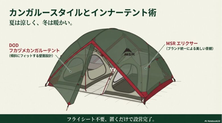 DODフカヅメカンガルーテントとMSRエリクサーを内部に配置したカンガルースタイルのイメージ図