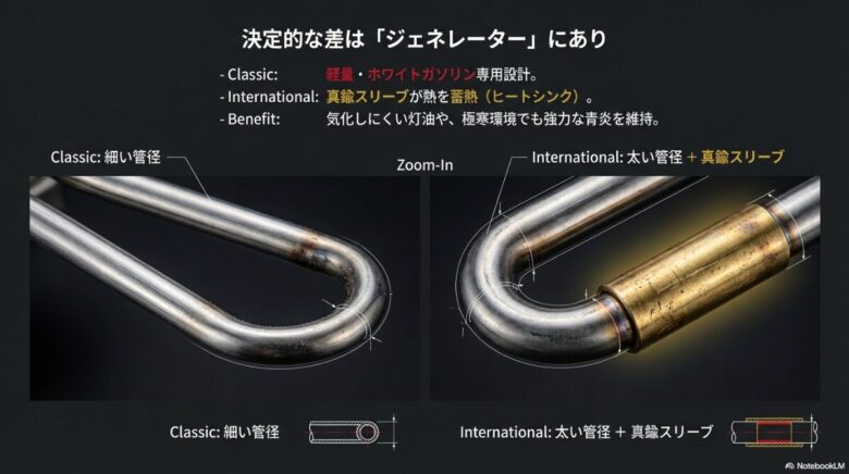ウィスパーライト・インターナショナルの太いジェネレーターと蓄熱用真鍮スリーブによる気化促進の解説図