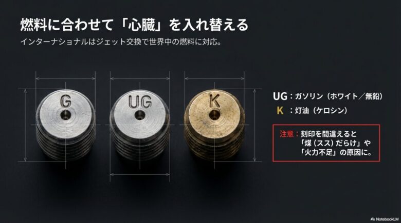 燃料噴射口であるジェットのクローズアップ画像。ホワイトガソリン用G、無鉛ガソリン対応UG、ケロシン用Kの刻印比較