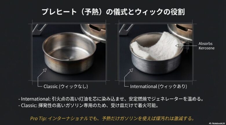 ウィスパーライト・クラシック（ウィックなし）とインターナショナル（灯油吸着用の白いウィックあり）のカップ内部比較
