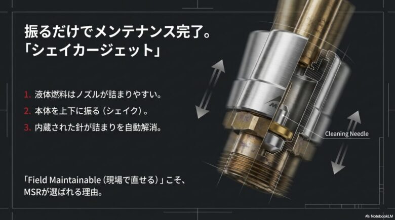 本体を振ることで内蔵されたクリーニングニードルがジェットの詰まりを解消するプロセスのイラスト解説