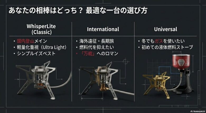 国内登山・軽量化ならクラシック、海外・長期旅ならインターナショナル、冬のガス運用ならユニバーサルを推奨する比較表