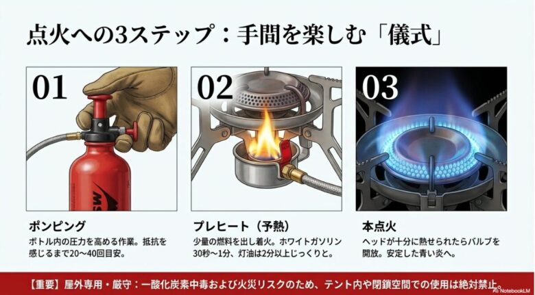 ポンピング、プレヒート、本点火の3つの手順をイラストと解説で説明したスライド。テント内使用禁止の警告文付き