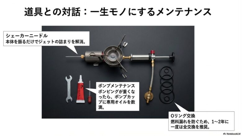 シェーカーニードル、ポンプメンテナンス、Oリング交換の3つの重要メンテナンス項目を解説したスライド