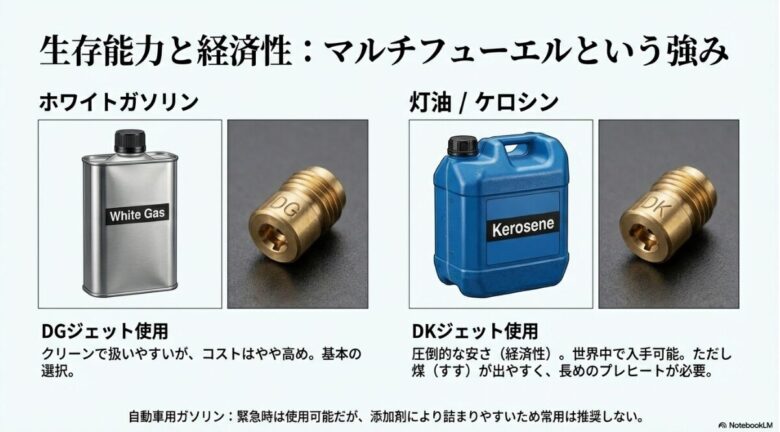 ホワイトガソリン（DGジェット）と灯油（DKジェット）の使い分け、それぞれの経済性と特徴を比較したスライド