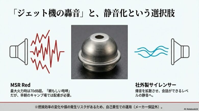 最大火力時の70dBを超える轟音と、社外製サイレンサーによる静音化の仕組み、および自己責任運用の注意点を示したスライド