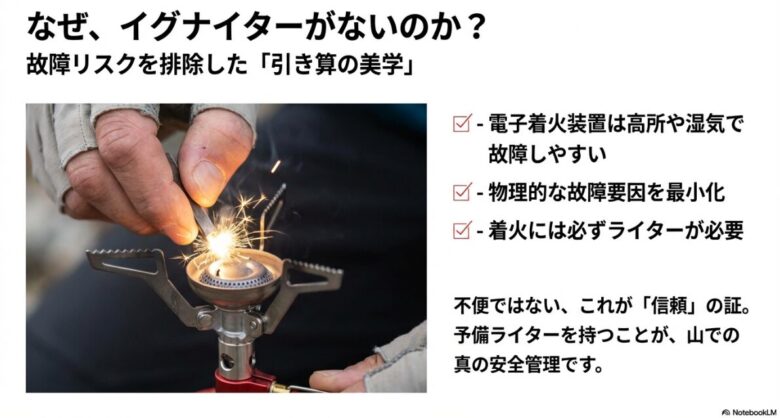 高所や湿気に弱い電子着火装置をあえて排除し、物理的な故障要因を最小化した信頼の証としての設計思想。