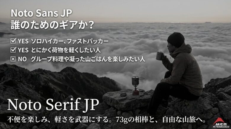 ソロハイカーや荷物を軽くしたい人にはYES、グループ料理を楽しみたい人にはNOと、ギアの適性をまとめた診断図。