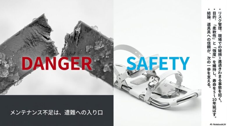 メンテナンス不足が遭難に繋がるリスクと、柔軟性・強度維持による寿命延長の目的を説明するスライド