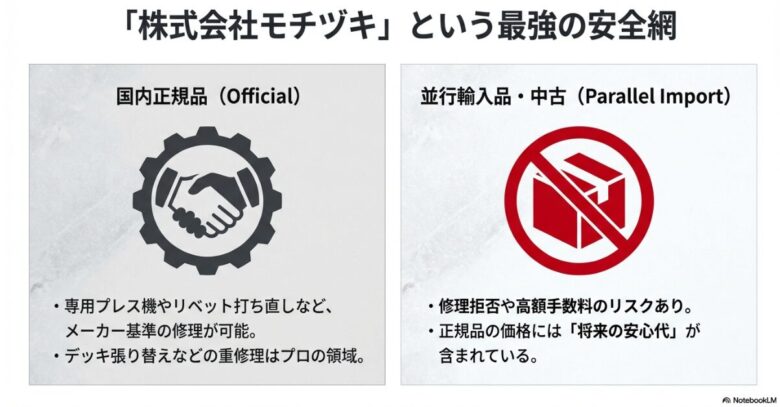 国内正規品と並行輸入品の修理対応の違いや、モチヅキによるメーカー基準の修理体制を比較した図解